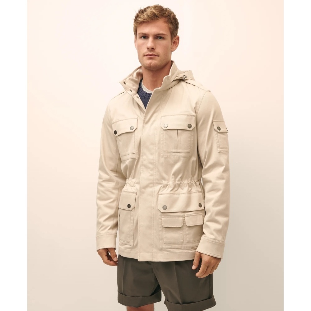 Brooks Brothers Mens Beige Cotton Blend‎ Fishing Jacket Stowaway Hood Large